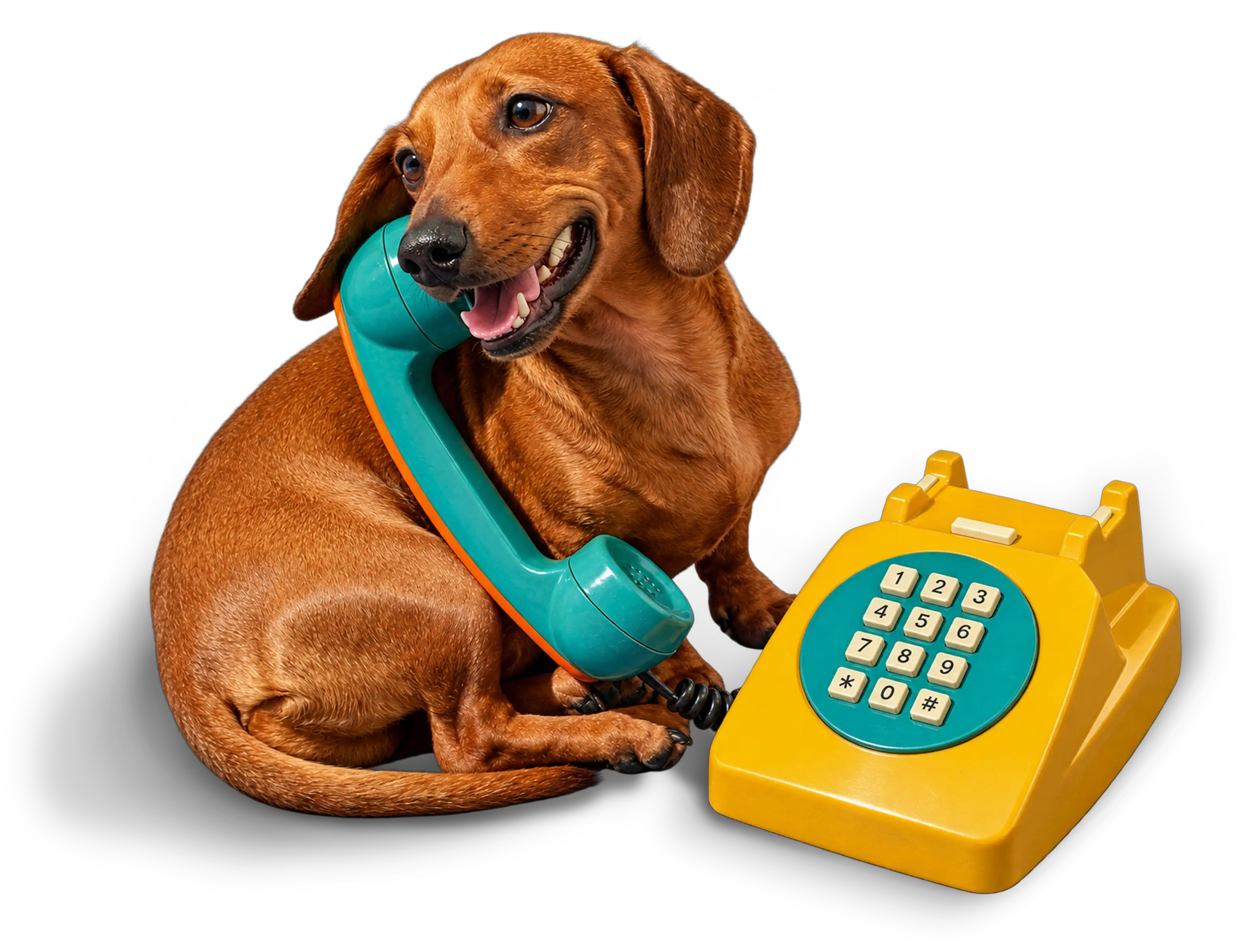 Cachorro dachshund marrom com um telefone amarelo e fone azul-turquesa
