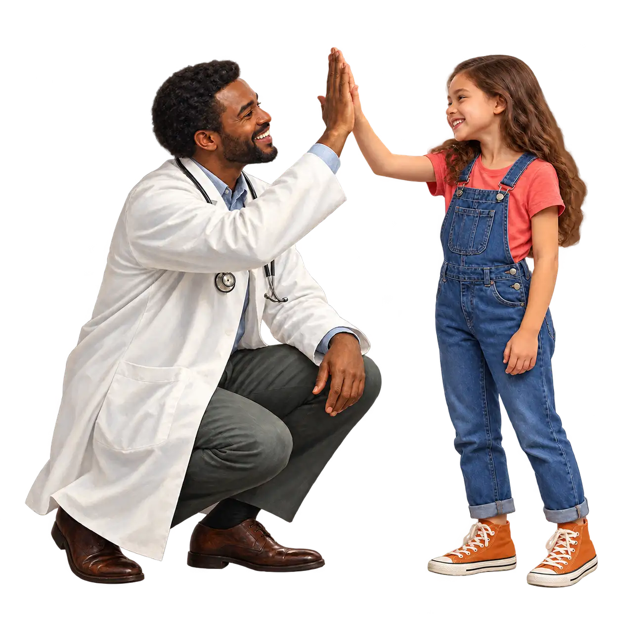 Médico e menina de tênis laranja se cumprimentam com as mãos erguidas, diante de uma estrela amarela.