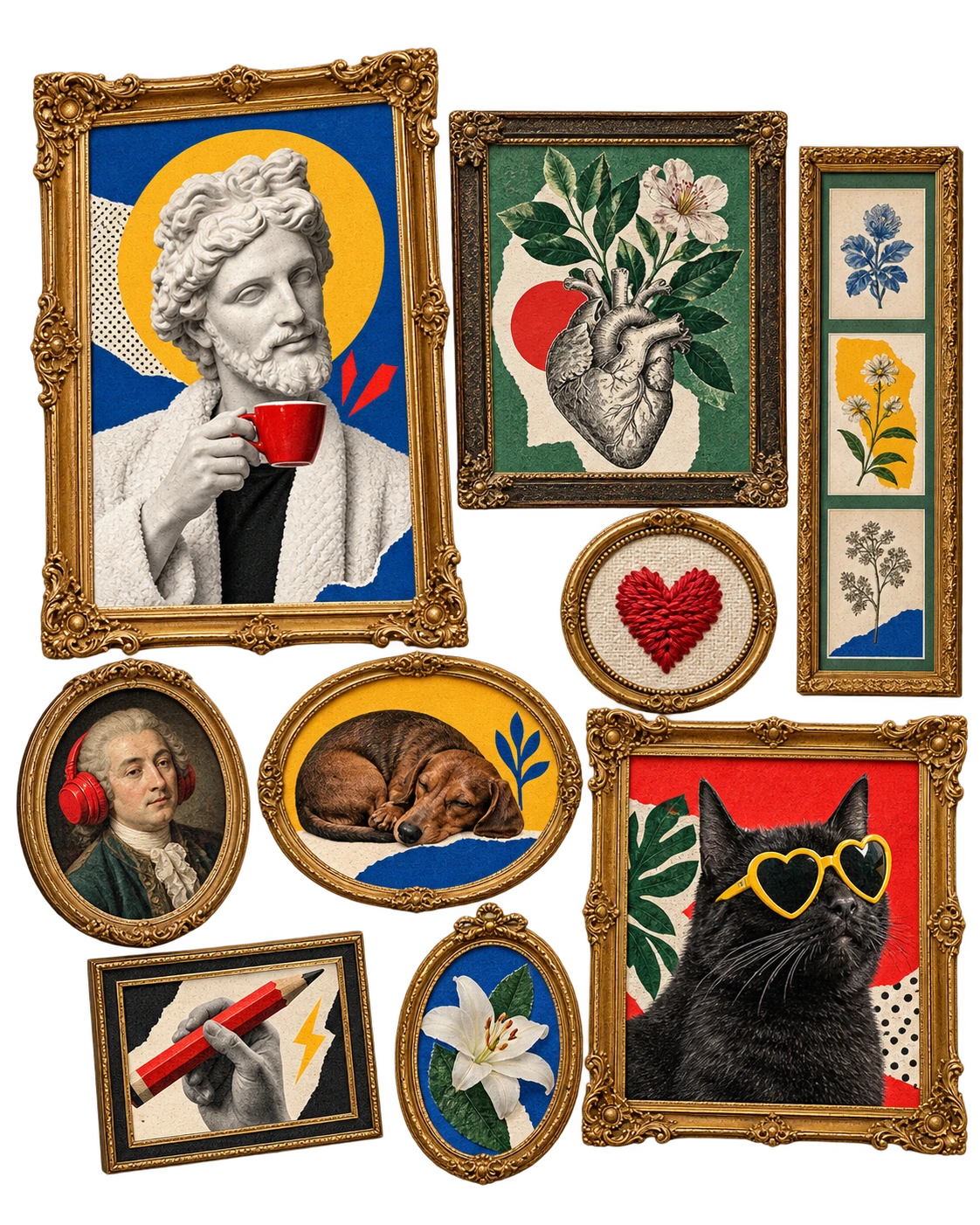 Mosaico de molduras ornamentadas com colagens de escultura, animais, botânica e coração bordado nas cores da Wellmaker