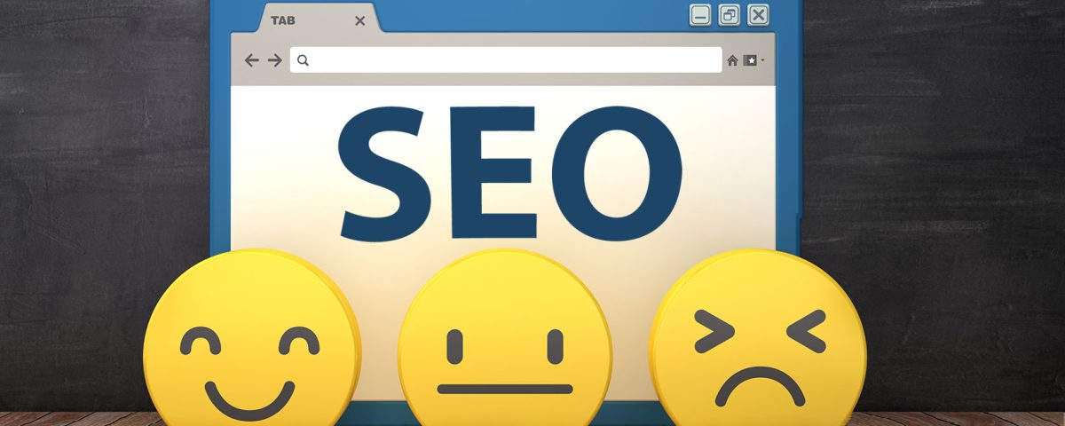 Tela de navegador escrito 'SEO' e 3 emojis representando bom, ruim e péssimo