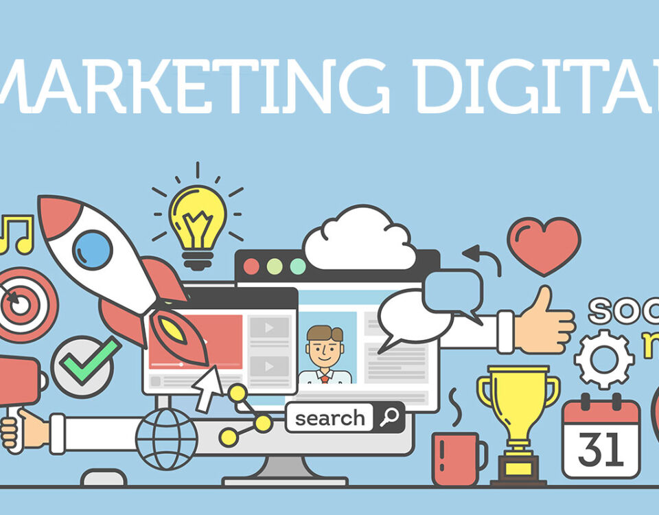 Infográfico com vários desenhos que representam características do marketing digital