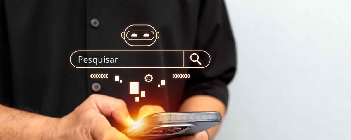 Homem pesquisando conteúdo em celular em ferramenta de IA
