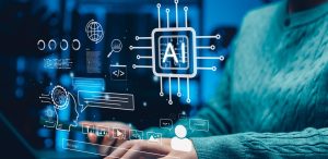 Conceito de inteligência artificial. Pessoa usando laptop com ícones de interface digital e processador