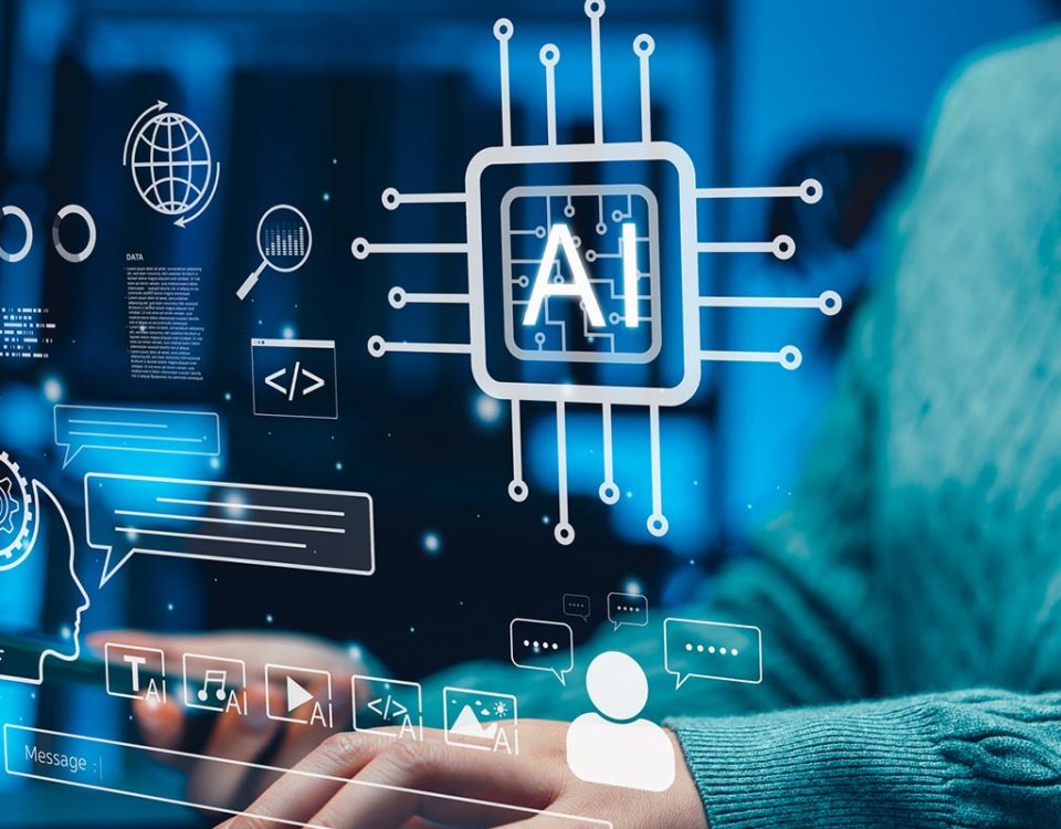 Conceito de inteligência artificial. Pessoa usando laptop com ícones de interface digital e processador