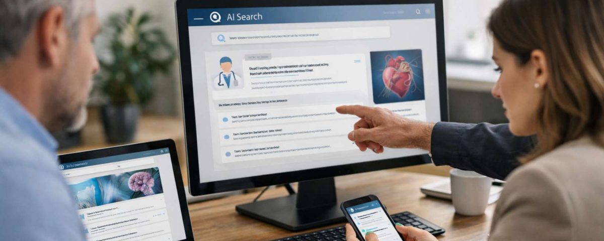 Dois profissionais analisam informações em uma tela, um deles usa um smartphone, com um café ao fundo.