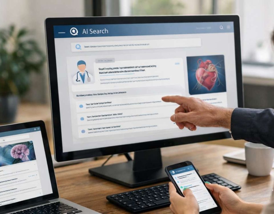 Dois profissionais analisam informações em uma tela, um deles usa um smartphone, com um café ao fundo.