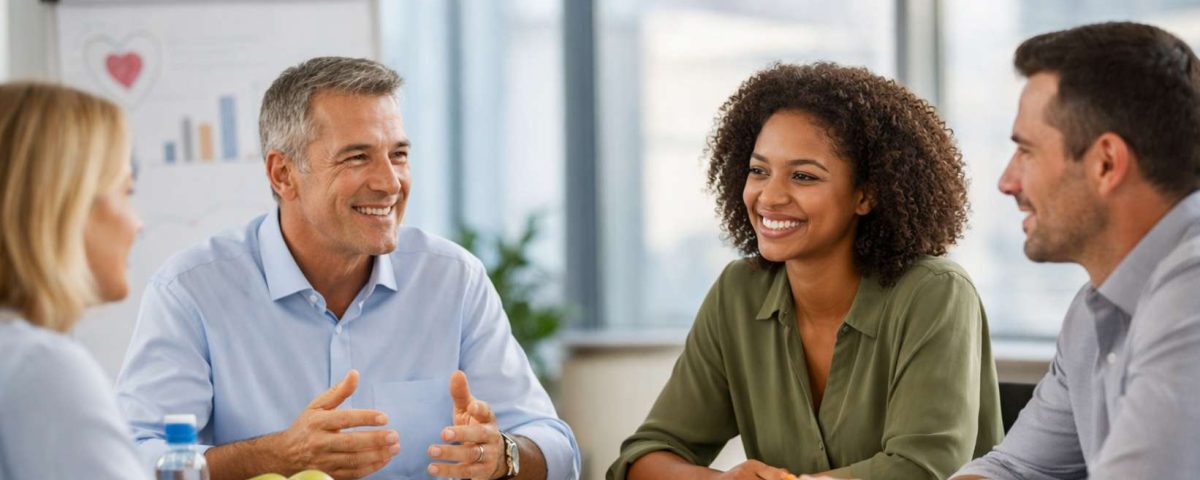 Quatro pessoas em reunião, sorrindo e conversando, com frutas e água na mesa. Grande janela ao fundo.