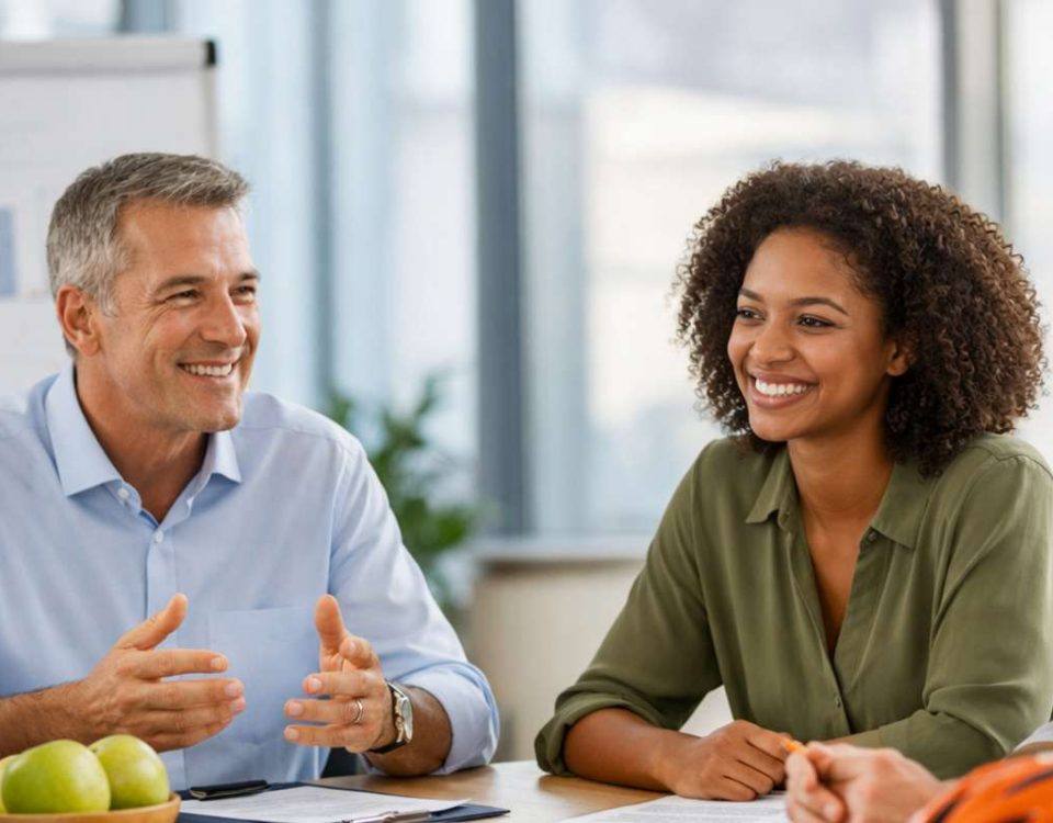 Quatro pessoas em reunião, sorrindo e conversando, com frutas e água na mesa. Grande janela ao fundo.