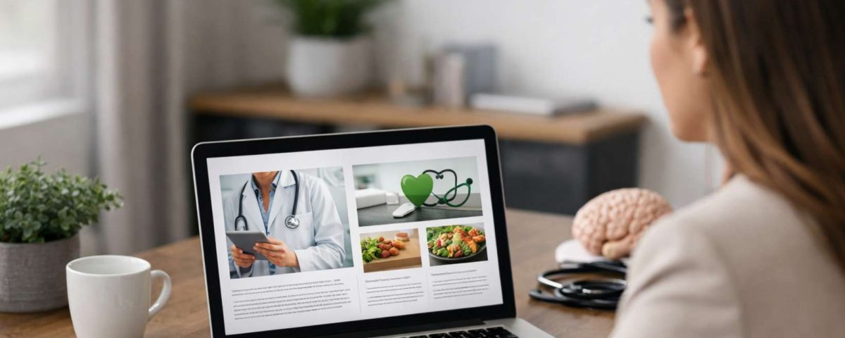 Pessoa olhando para um laptop com imagens relacionadas à saúde, alimentos saudáveis e equipamentos médicos.