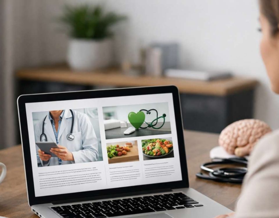 Pessoa olhando para um laptop com imagens relacionadas à saúde, alimentos saudáveis e equipamentos médicos.