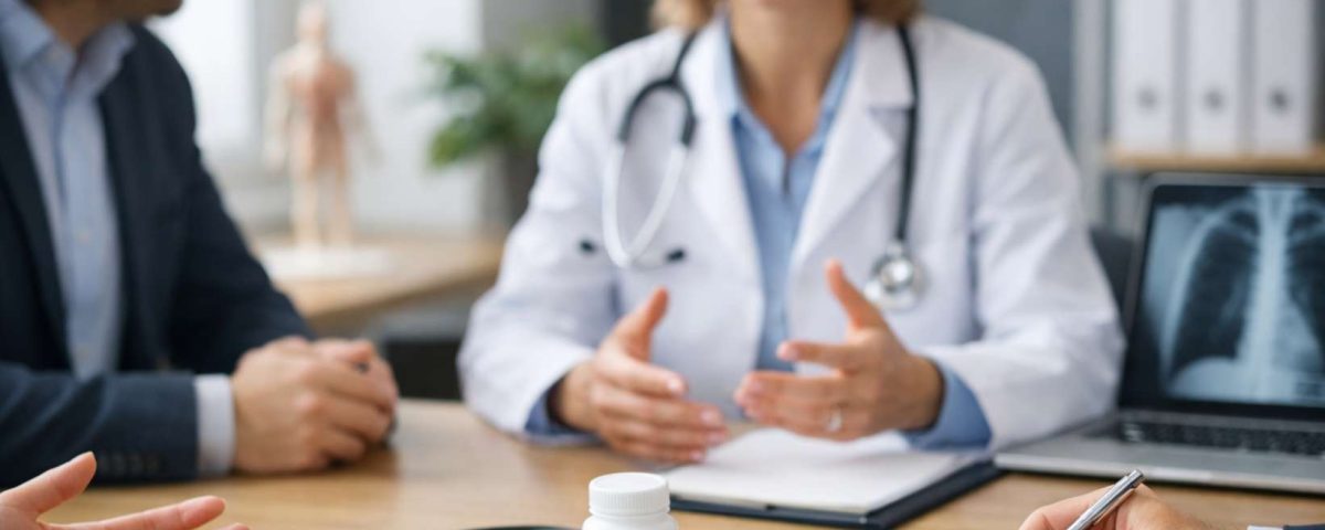 Consultório médico com um profissional discutindo com pacientes. Medicamentos e computador na mesa.