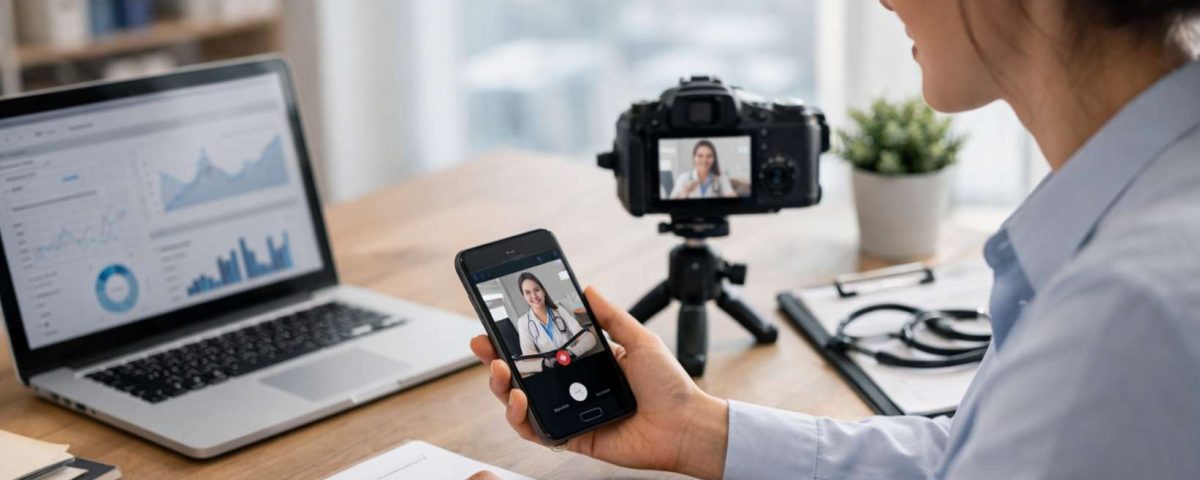 Pessoa utilizando um celular para videochamada, com um laptop e uma câmera em tripé à frente.