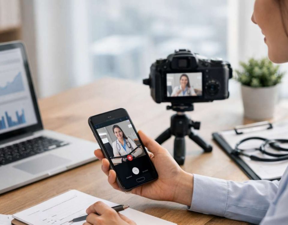 Pessoa utilizando um celular para videochamada, com um laptop e uma câmera em tripé à frente.