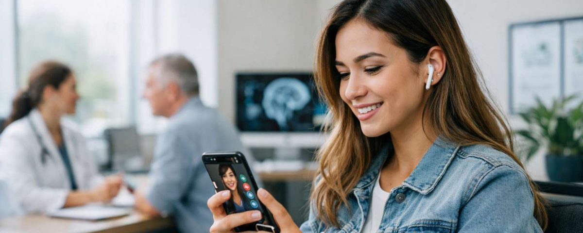 Mulher sorridente segurando um celular com fones de ouvido, em ambiente de escritório com pessoas ao fundo.