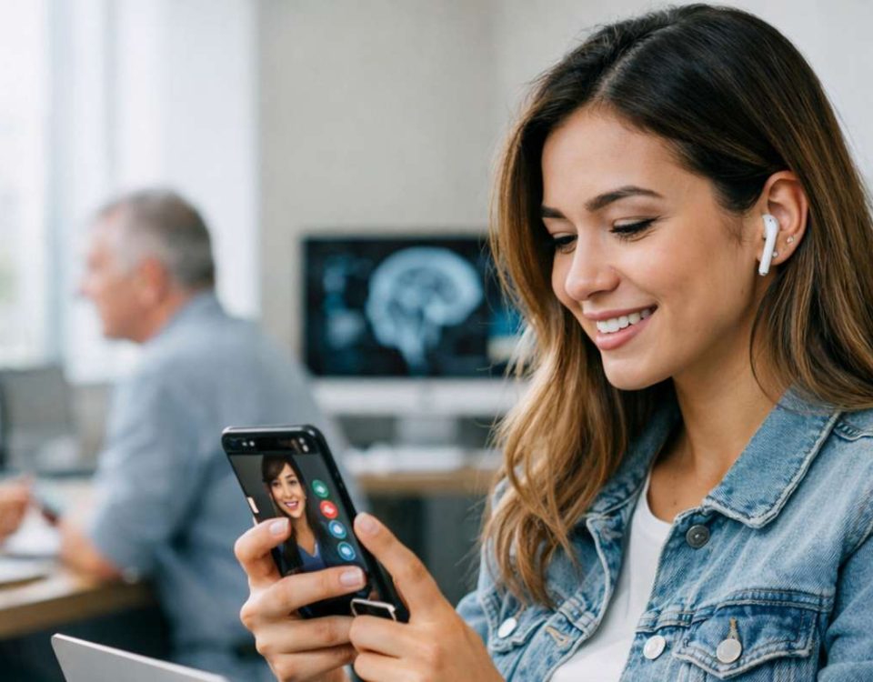 Mulher sorridente segurando um celular com fones de ouvido, em ambiente de escritório com pessoas ao fundo.