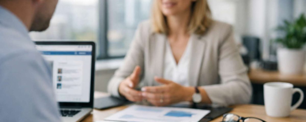 Homem de terno conversando com mulher em escritório, com laptop e gráficos sobre a mesa. Caneca e óculos ao fundo.