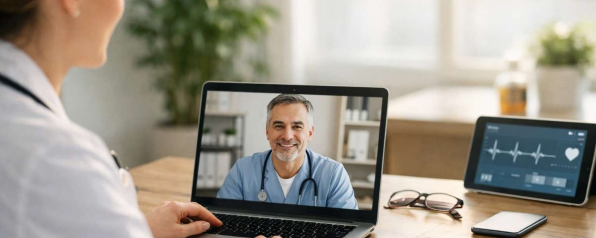 Profissional de saúde em videoconferência, sorrindo, com laptop e equipamentos médicos na mesa.