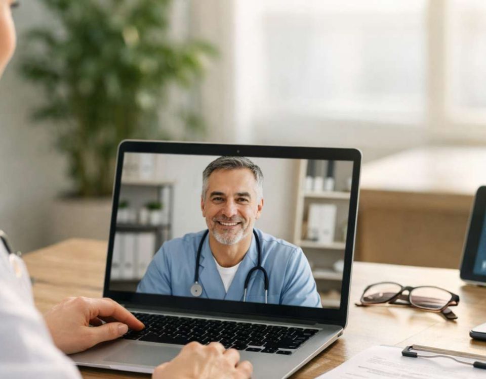Profissional de saúde em videoconferência, sorrindo, com laptop e equipamentos médicos na mesa.