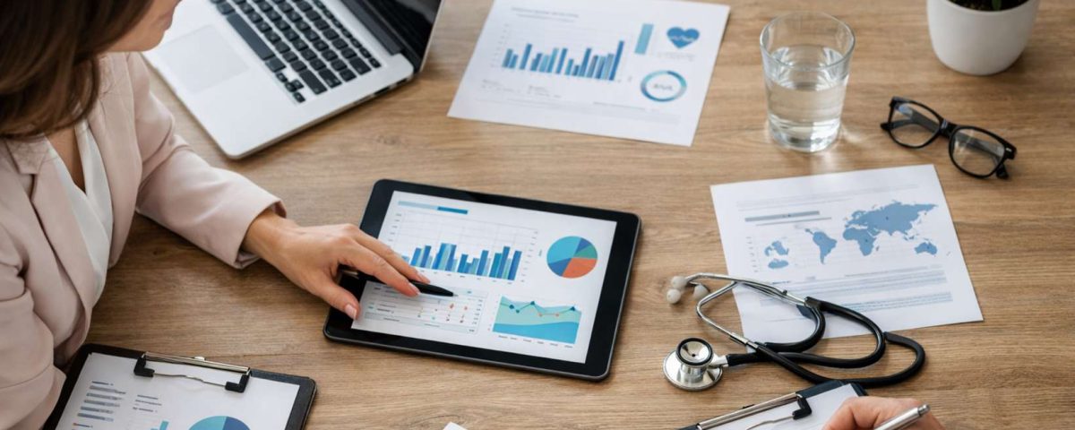 Mesa com laptop, tablet exibindo gráficos, anotações, copo de água e estetoscópio. Mãos analisando dados.