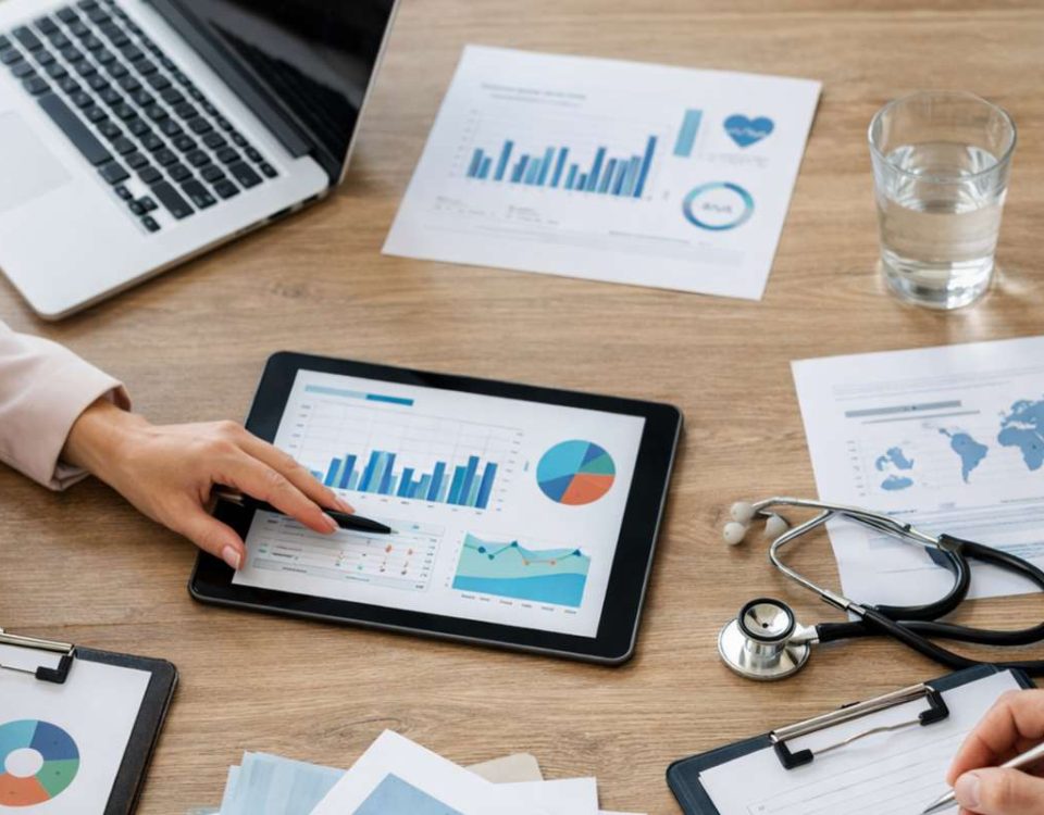 Mesa com laptop, tablet exibindo gráficos, anotações, copo de água e estetoscópio. Mãos analisando dados.