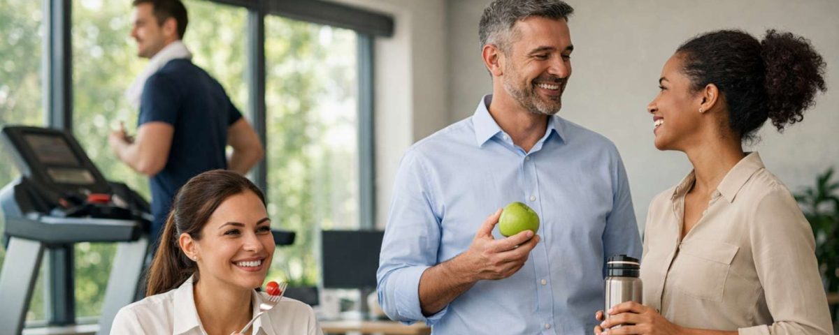 Três pessoas em um ambiente de escritório conversam, com foco em saúde, uma delas come frutas e outra segura uma garrafinha.