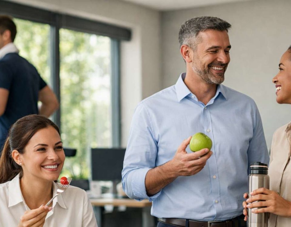 Três pessoas em um ambiente de escritório conversam, com foco em saúde, uma delas come frutas e outra segura uma garrafinha.